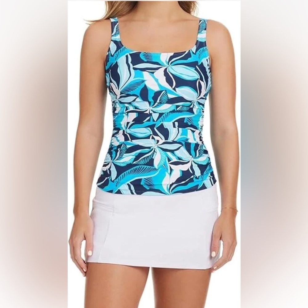 Ellen Tracy Blue & White Leaf Print Tankini with White Swim Skort